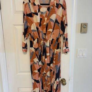 Abstract Print Button-Front Maxi Dress in Rust, Navy & Cream